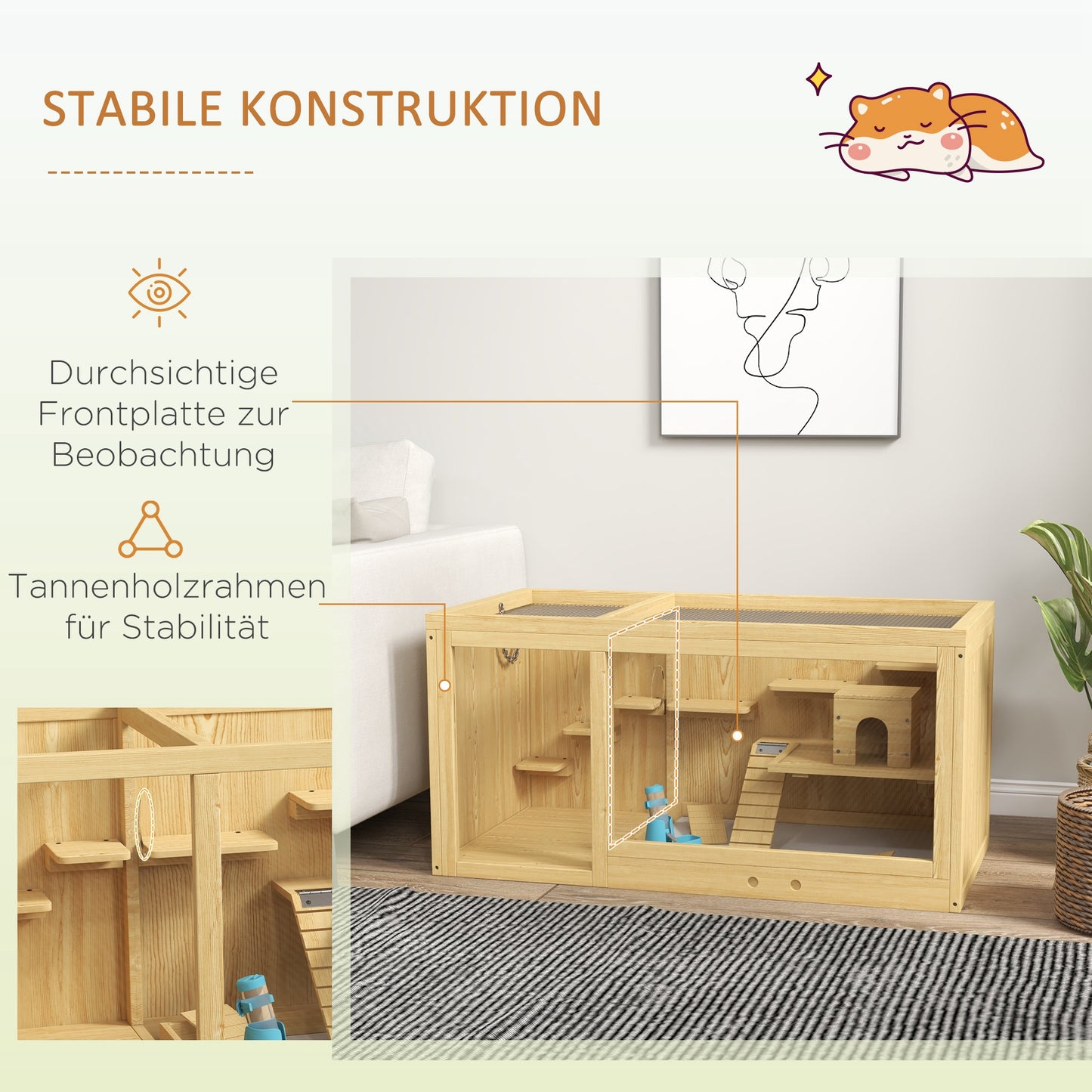 PawHut Kleintierkäfig Nagekäfig, Tannenholz, inkl. Zubehör und Tränke, 100 x 50 x 50 cm, Natur