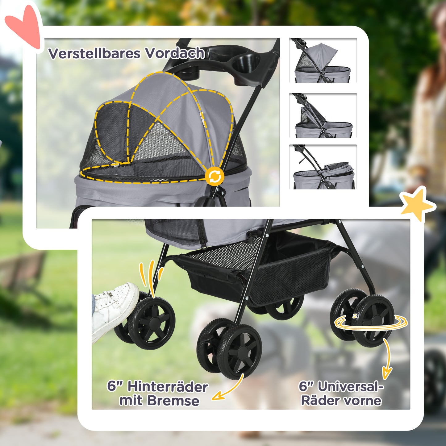 PawHut Hundebuggy Hundewagen bis 4 kg Klappbar Netzfenster Bodenkorb Becherhalter abnehmbares Dach grau 67 x 45 x 96 cm