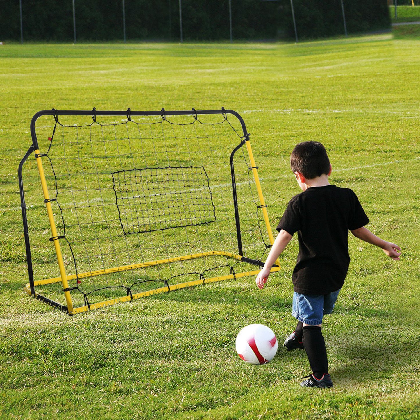 HOMCOM Kickback Fußball Rebounder Tor Rückprallwand Netz für Fußball, Basketball und Baseball, Stahl+PE, Gelb+Schwarz, 184 x 63 x 123 cm