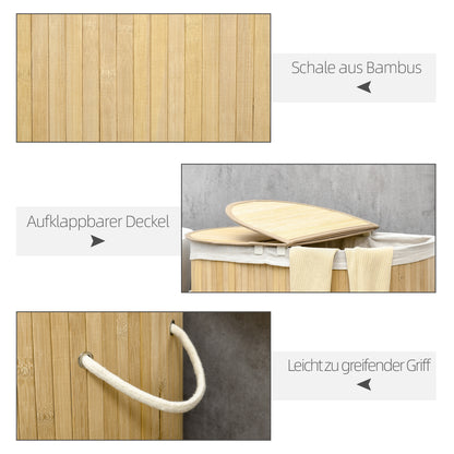 HOMCOM Wäschekorb 100L mit herausnehmbaren Wäschebank 62,5 cm x 37 cm x 60,5 cm Natur + Weiß