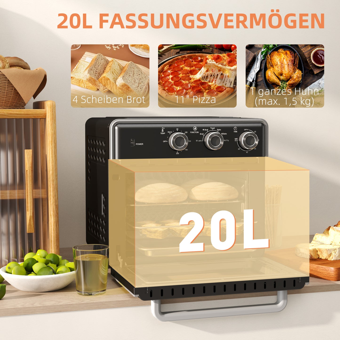 HOMCOM Minibackofen, 20L, 5 Funktionen, 360° Heißluft, Grillrost, Krümelblech, Schwarz