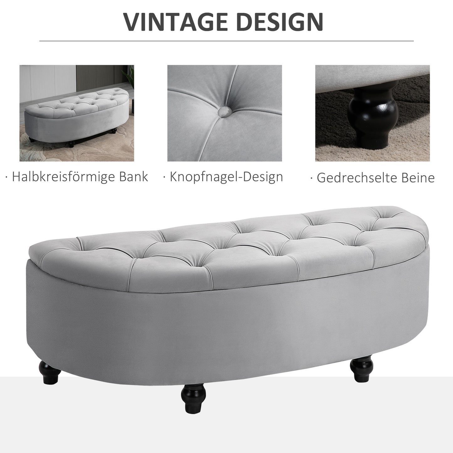 HOMCOM Sitzbank mit Stauraum Polsterbank mit Samtoptik, geöffnetem Deckel Sitztruhe mit Holzbeine, Truhenbank für Wohnzimmer Flur Schlafzimmer 120 x 46 x 42 cm, Grau