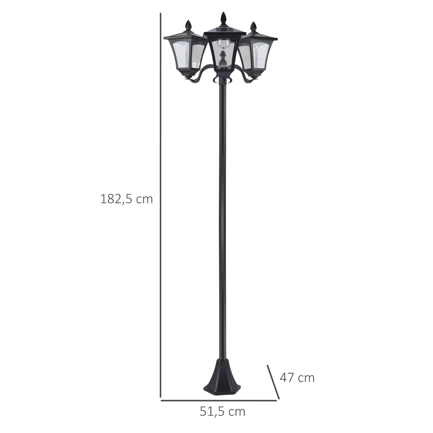 Outsunny Solar Gartenlaterne mit 3 flammig Laterne Mast aus Edelstahl Solarlaterne mit LED 120 Lumen 51,5x47x182,5cm Wegeleuchte IP44 für Garten Balkon Schwarz