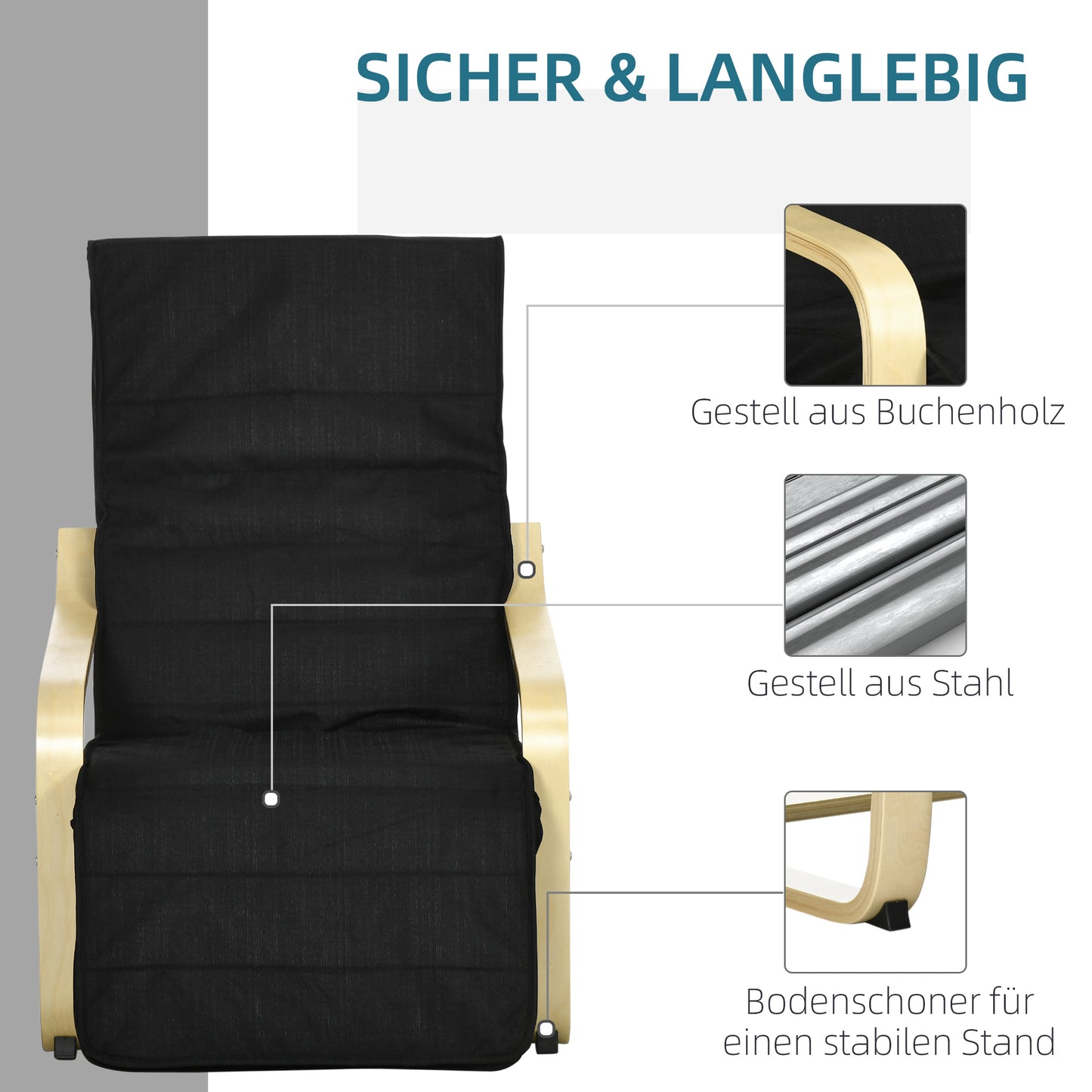 HOMCOM Relaxsessel, Ruheliege, verstellbares Fußteil, Auflage, Holz+Schwarz, 66,5 x 94 x 100cm