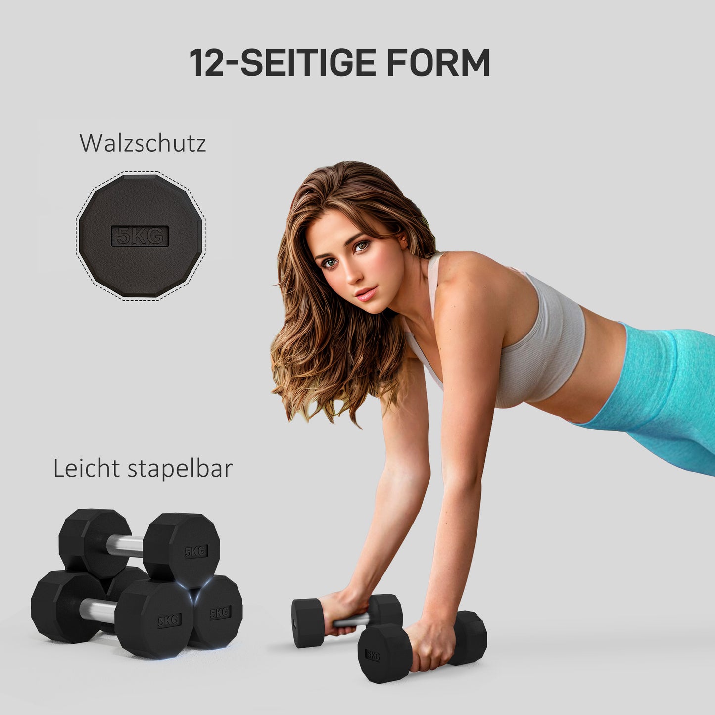 SPORTNOW Kurzhantel-Set 2 x 5kg, kein Wegrollen, rutschfester Griff, Gummimantel, Metallkern, Schwarz