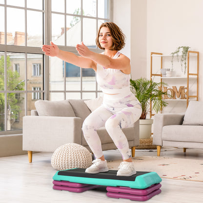 HOMCOM Steppbrett höhenverstellbar Fitness Stepper 3 Stufen (10/15/20 cm) Rutschfest Stepbench für Zuhause Fitnessstudio Büro Kunststoff Schwarz+Grün+Violett