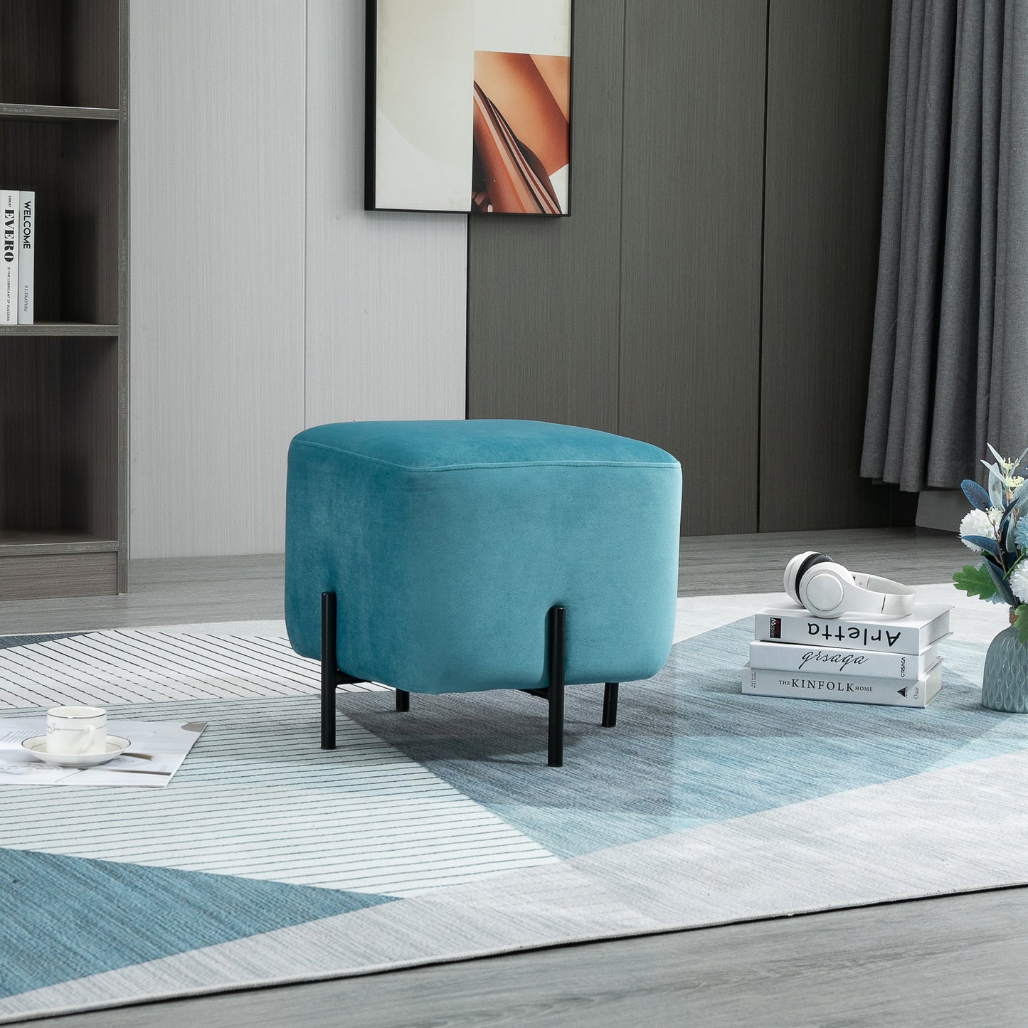 HOMCOM Fußhocker Fußstütze gepolstert Polyester Stahl Schaumstoff Türkis 44,5 x 44,5 x 41,5 cm
