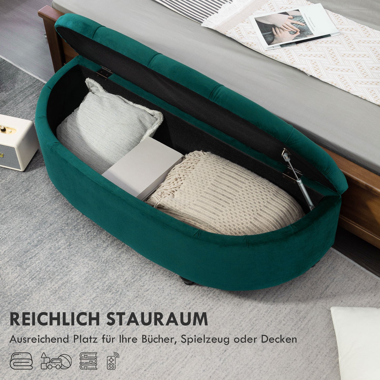 HOMCOM Hocker mit Stauraum, Sitztruhe, gepolstert, soft-close Deckel, Samtoptik, 120 x 46 x 42 cm, Dunkelgrau