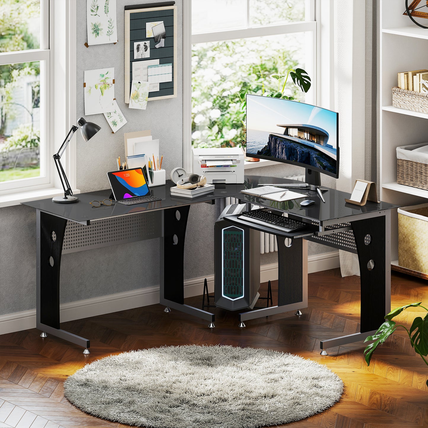 HOMCOM Computertisch Eckschreibtisch Schreibtisch Bürotisch PC Tisch mit schwarzem Sicherheitsglas L-förmig 164x139x75 cm