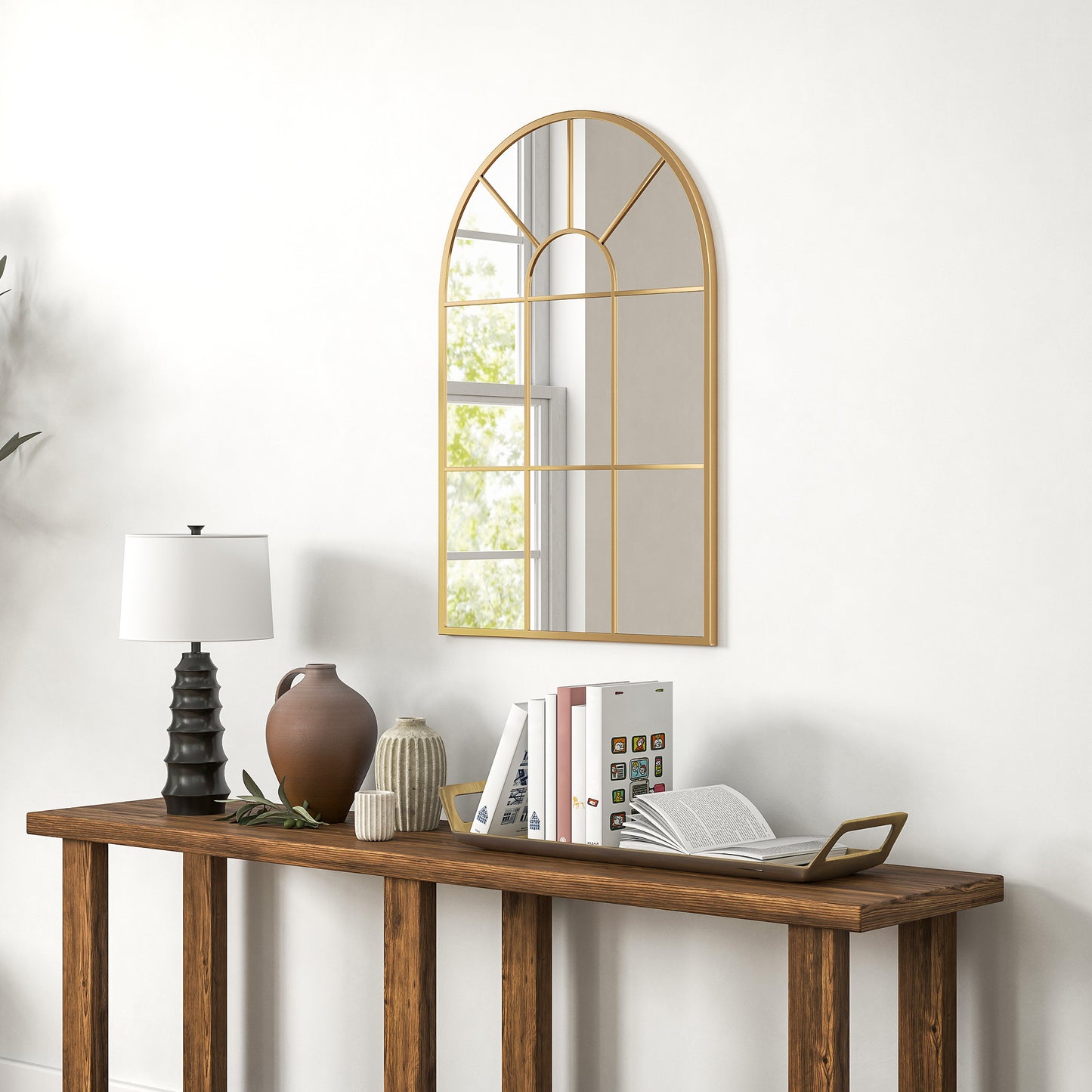 HOMCOM Wandspiegel, Fenster-Design, Flurspiegel, Metallrahmen, 91 x 60 cm, Gold