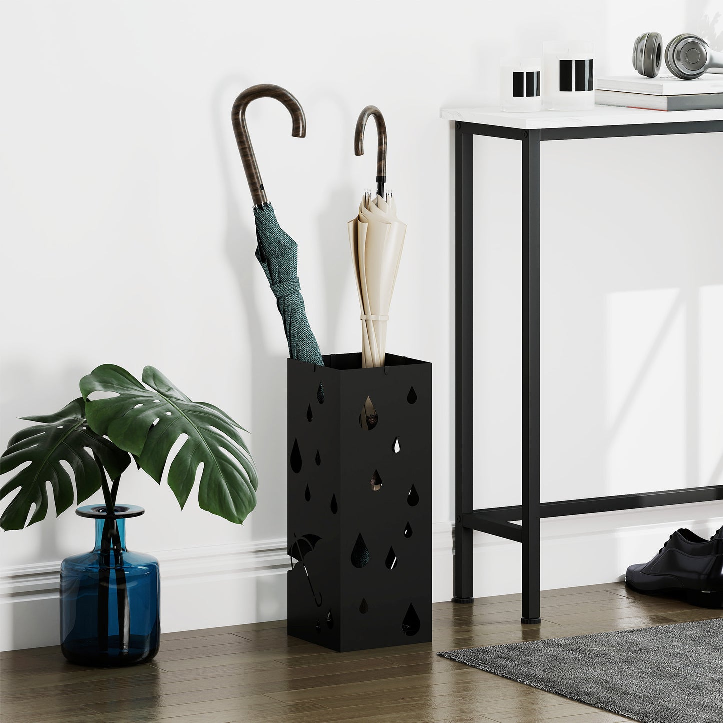 HOMCOM Schirmständer, 4 Haken, Tropfschale, Stahl, Schwarz
