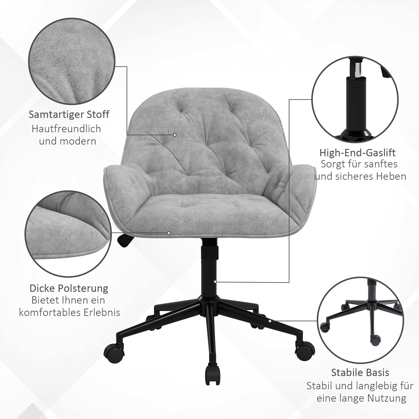 Vinsetto Bürostuhl Schreibtischstuhl Computerstuhl, höhenverstellbar, Samt-Optik, Grau