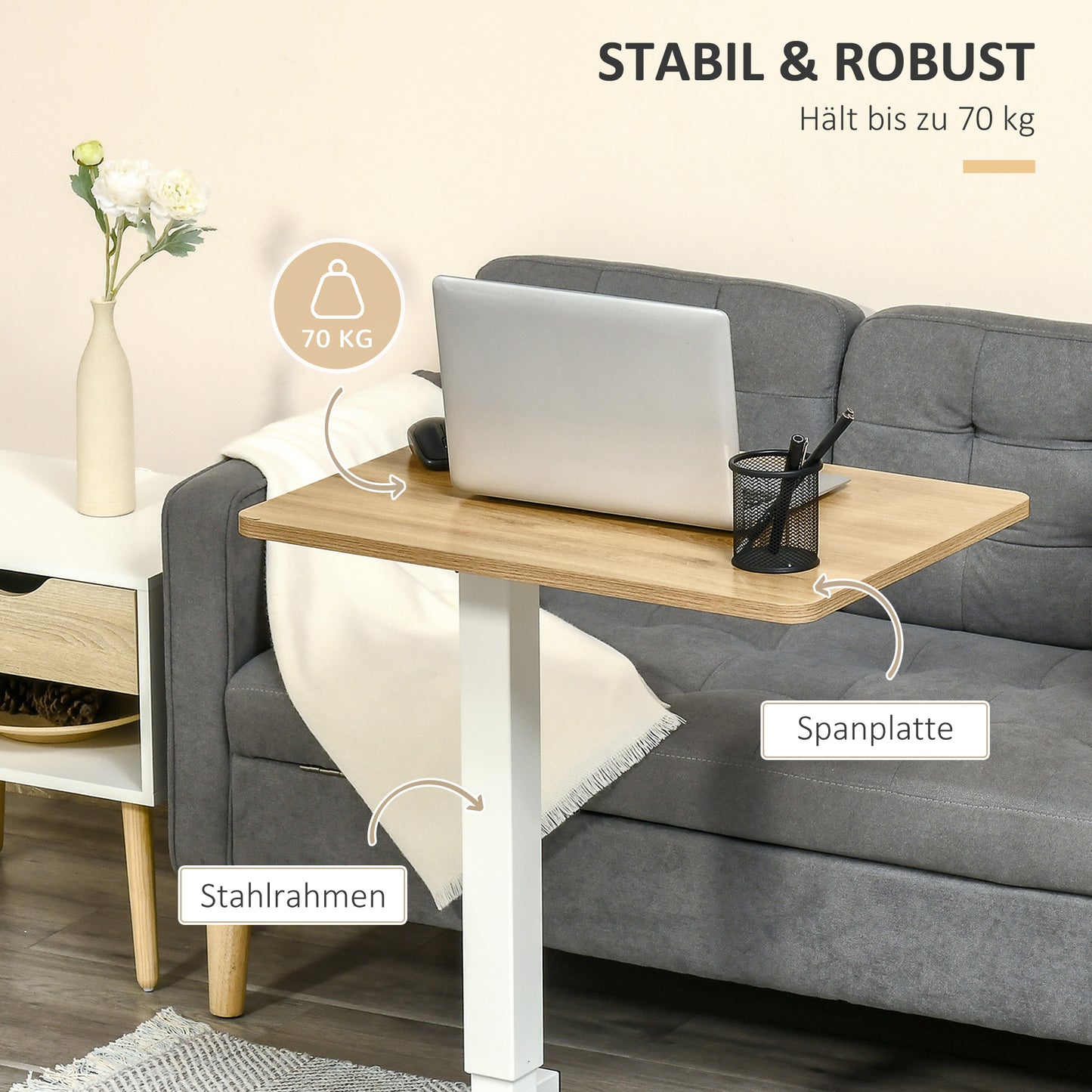 HOMCOM Stehpult Höhenverstellbar inkl. 4 Rollen C-Form 65 cm x 48 cm x 70-110 cm Natur + Weiß