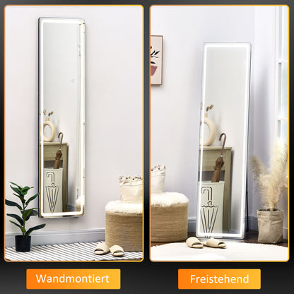 HOMCOM 2 in 1 Standspiegel mit LED-Licht, freistehend, Aluminium, einstellbares Licht, 40 cm x 37 cm x 157,5 cm