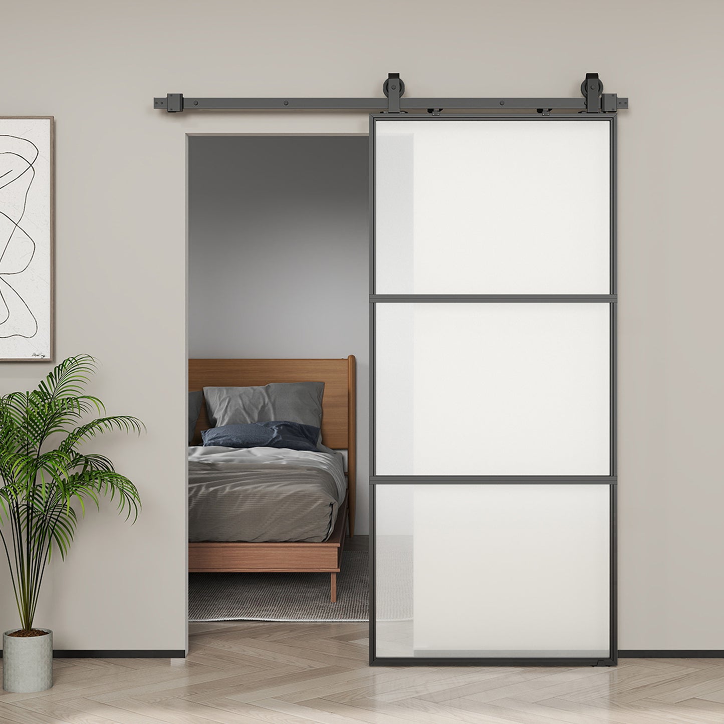 HOMCOM Schiebetür mit Milchglas, Schienensystem, Montagesatz, Soft-Close-Mechanismus, leichter Zusammenbau, Stahl, Schwarz