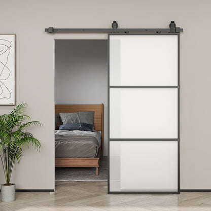 HOMCOM Schiebetür mit Milchglas, Schienensystem, Montagesatz, Soft-Close-Mechanismus, leichter Zusammenbau, Stahl, Schwarz