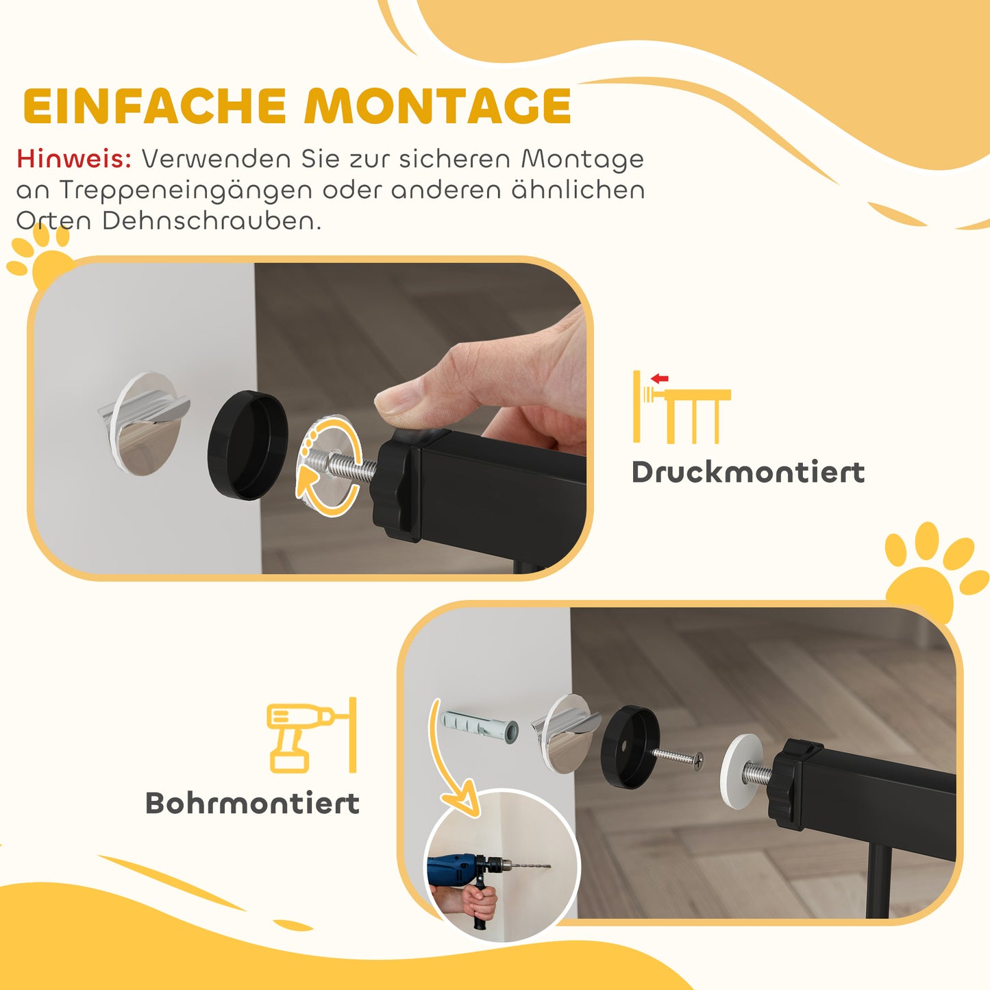 PawHut Haustiertor, 77 cm Treppengatter, verstellbare Breite 76-104 cm, mit Katzentür, für Treppen und Türöffnungen, Schwarz