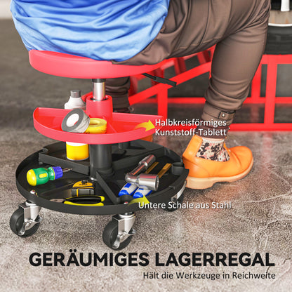 HOMCOM Werkstatthocker mit Rollen Tabletts höhenverstellbar 40-51cm Rollhocker bis 135 kg belastbar Rot