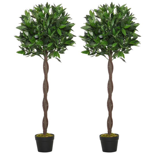 Outsunny 2er-Set Künstlicher Lorbeerbaum, 120 cm, Kunstpflanzen im Zementtopf, Kunststoff-Pflanzen für drinnen und draußen, Grün