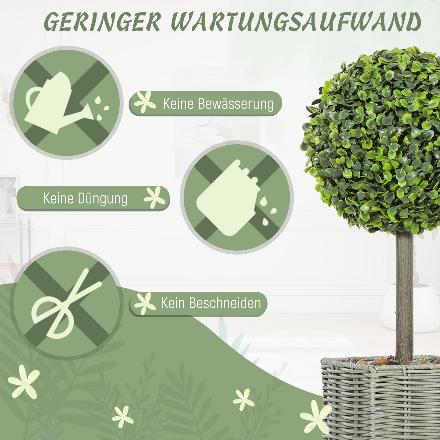 HOMCOM 2er-Set künstliche Pflanzen, UV-beständige Kunstbäume im Topf, für drinnen und draußen geeignet, Kunststoff, Zement, Grün