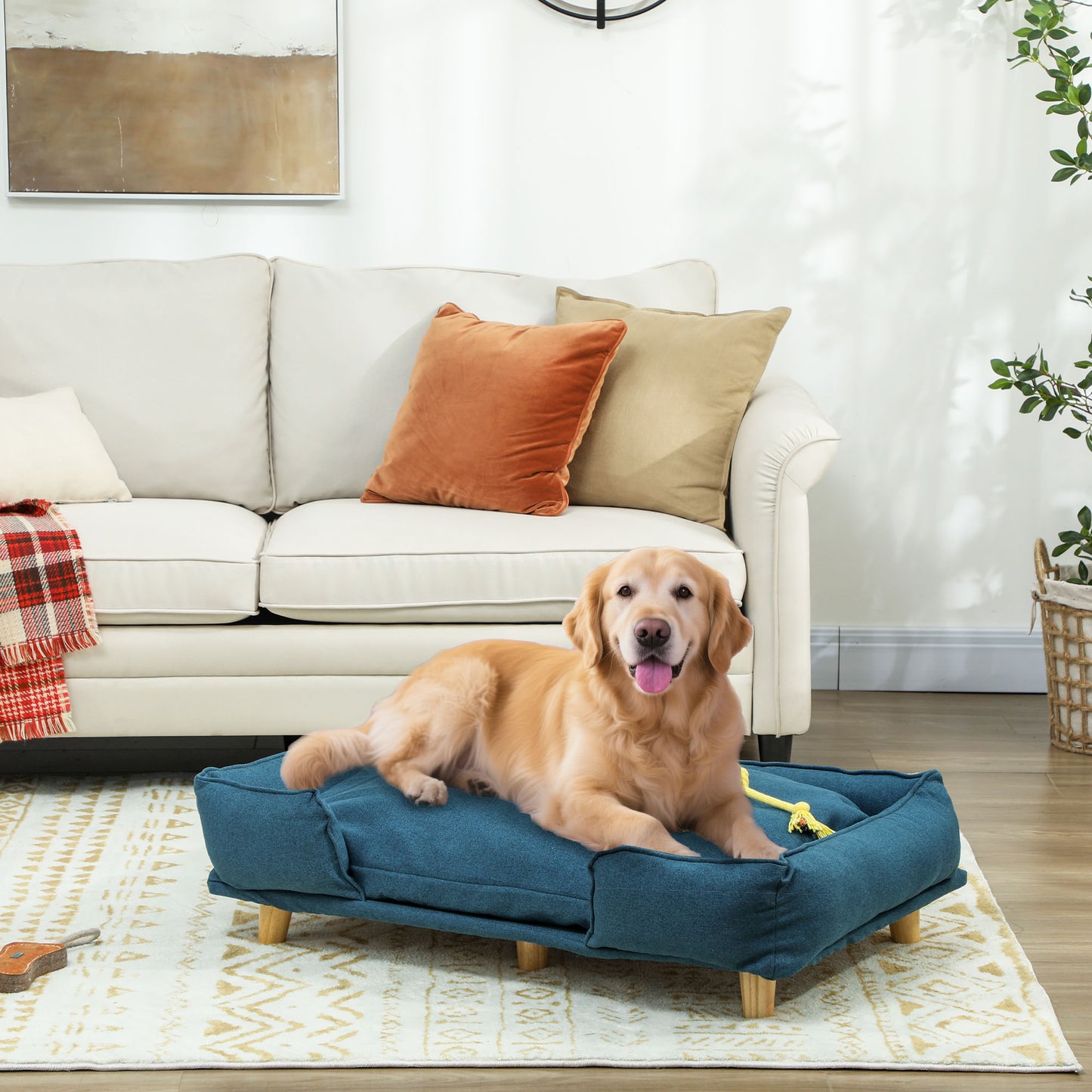 PawHut Hundesofa, Haustiersofa, Haustierbett, abnehmbares u. waschbares Polster, Natur+ Dunkelblau