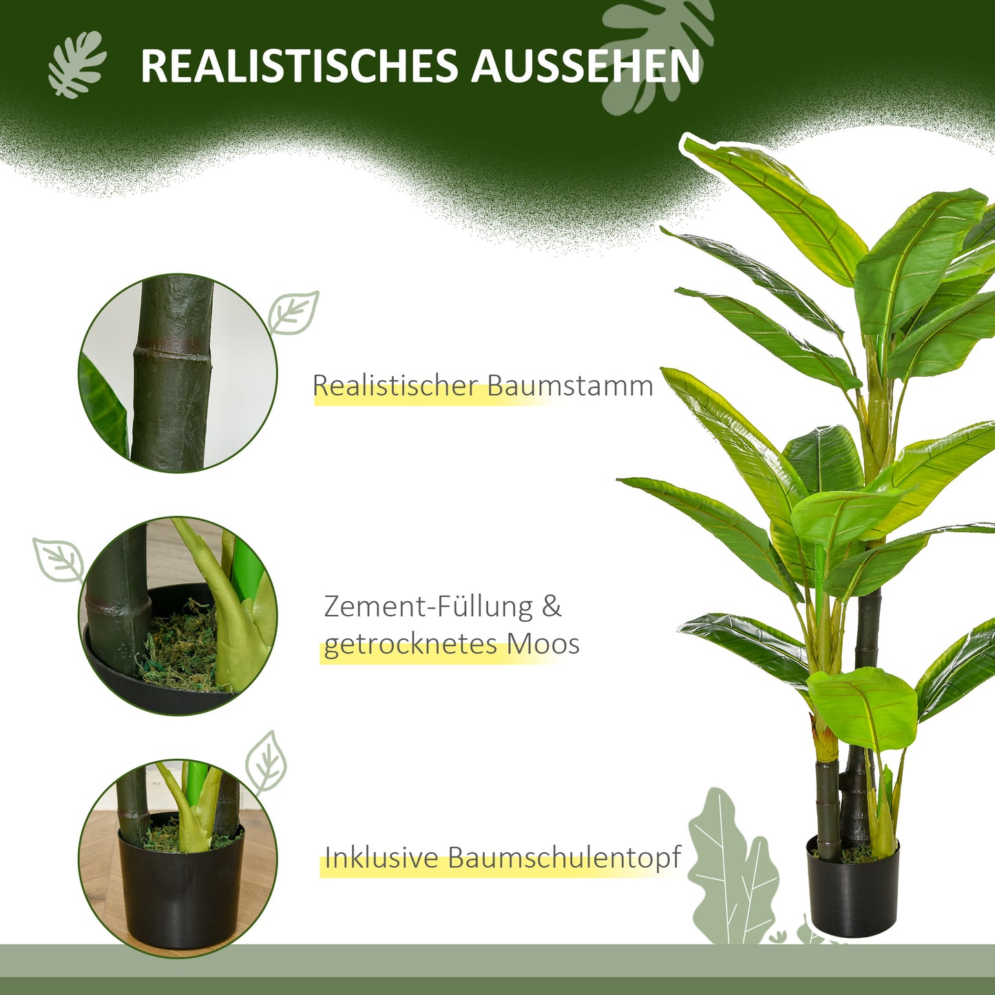 HOMCOM künstliche Pflanzen 150 cm Kunstpflanzen im Topf künstlicher Bananen Baum Kunstpflanze Kunstbaum Zimmerpflanze Dekopflanze Büropflanze Kunststofftopf für drinnen