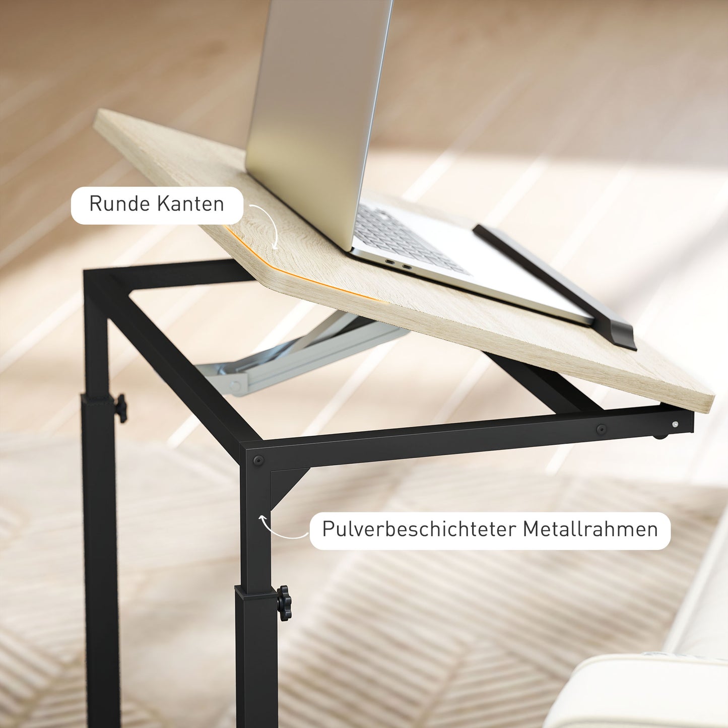 HOMCOM Beistelltisch, Schreibtisch, Nachttisch, höhenverstellbar, 4 Rollen, Metallrahmen