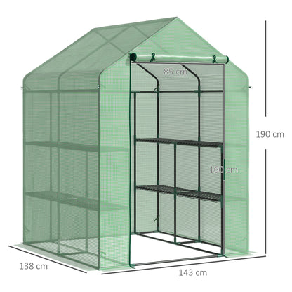 Outsunny Foliengewächshaus begehbares Gewächshaus mit 8 Regalebenen Tomatengewächshaus Treibhaus Frühbeet mit Tür Grün Stahl PE-Kunststoff 143 x 138 x 195 cm