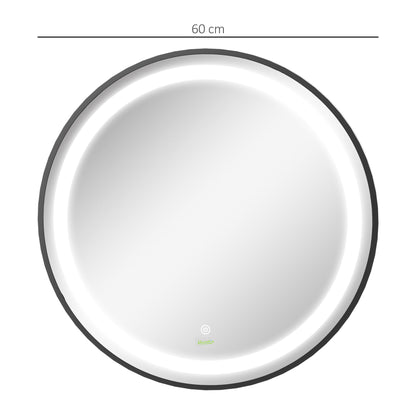 kleankin Badezimmerspiegel, LED-Beleuchtung, dimmbar, 3 Lichtfarben, Metallrahmen, Ø60 cm, Schwarz