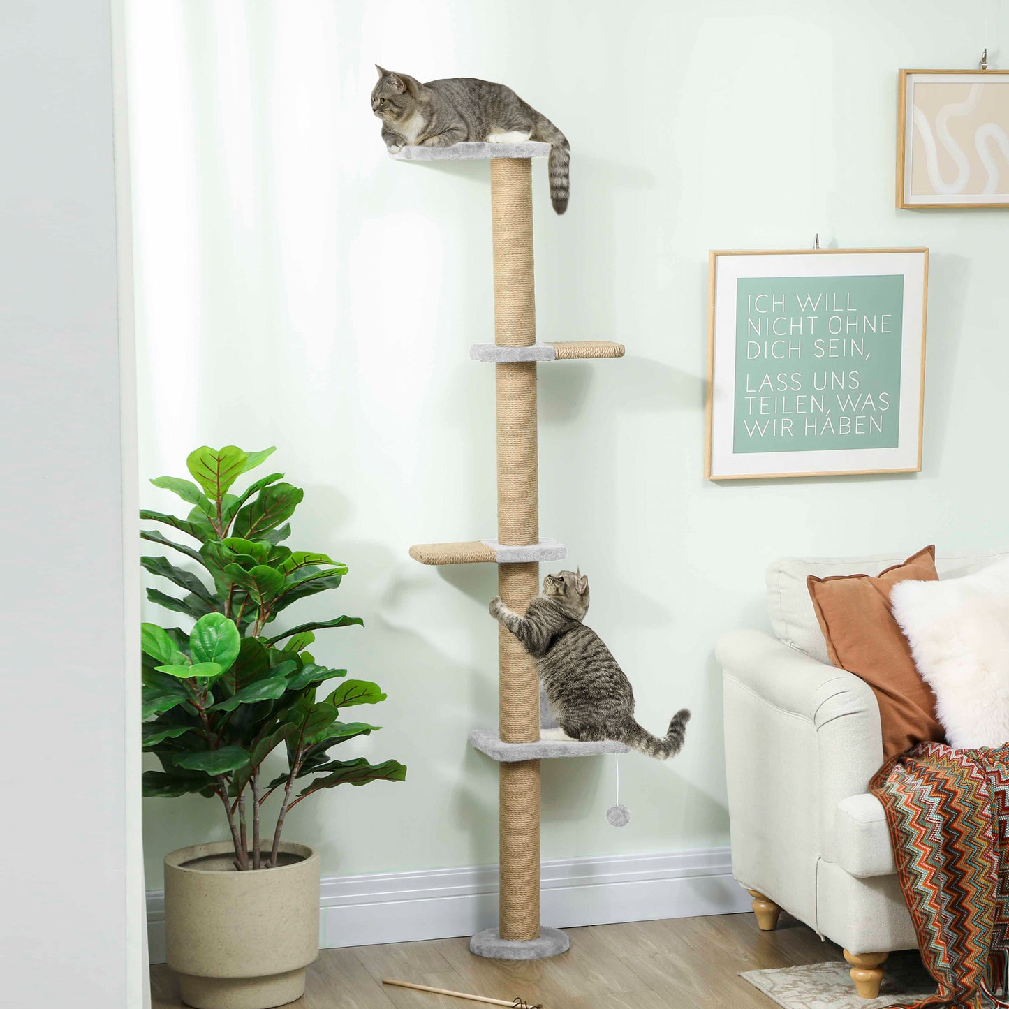 PawHut Katzenkratzbaum, 5-stufiges Design, Spielzeug, Sisalpfosten, Plüschstoff, Hellgrau