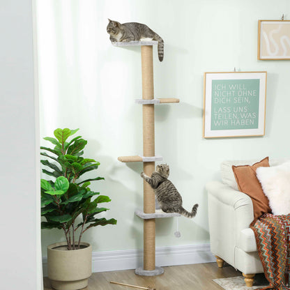 PawHut Katzenkratzbaum, 5-stufiges Design, Spielzeug, Sisalpfosten, Plüschstoff, Hellgrau