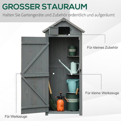 Outsunny Gartenschrank Holz, Geräteschuppen wetterfest 77x54,2x179cm, Gerätehaus mit Tür, Satteldach, Geräteschrank mit Böden, Werkzeugschrank Gartenschuppen für Garten, Terrasse, Grau+Grün