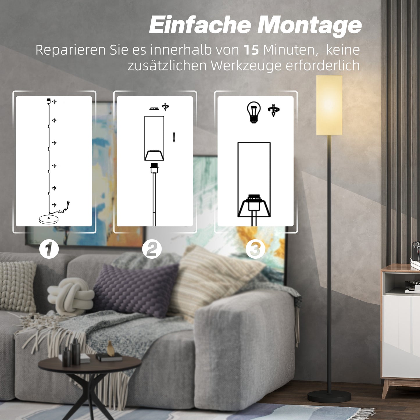 HOMCOM Stehlampe, Schirm in Leinenoptik, Metallstange, Fußschalter, Weiß