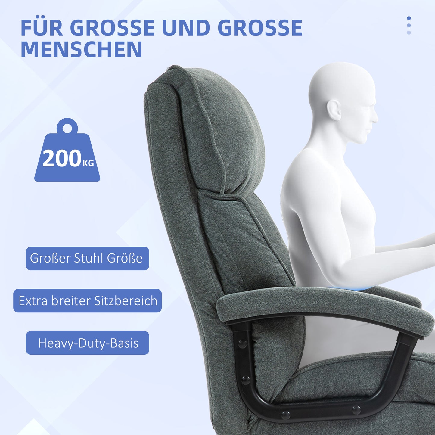 HOMCOM Großer hoher Bürostuhl, 200 kg Tragekapazität, robuste Konstruktion, weicher Bezug, Grau
