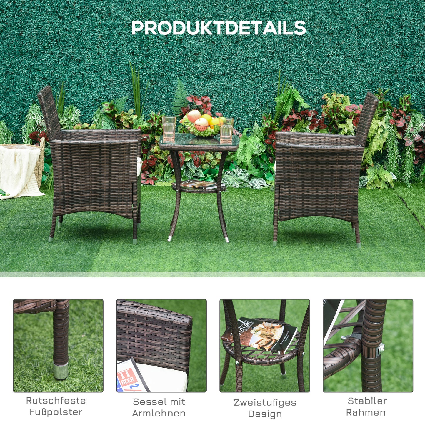 Outsunny Polyrattan Gartenmöbel Set, Outdoor Lounge Balkonmöbel für 2 Personen, 3-teilig Sitzgruppe, 2 Stühle, Tisch Sitzkissen, Gartenlounge für Garten, Terrasse, Balkon, Braun