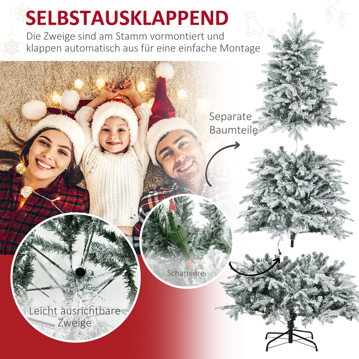 HOMCOM Künstlicher Weihnachtsbaum, Christbaum, inkl. Kunstschnee, LED-Lichter, 180 cm, Grün + Weiß