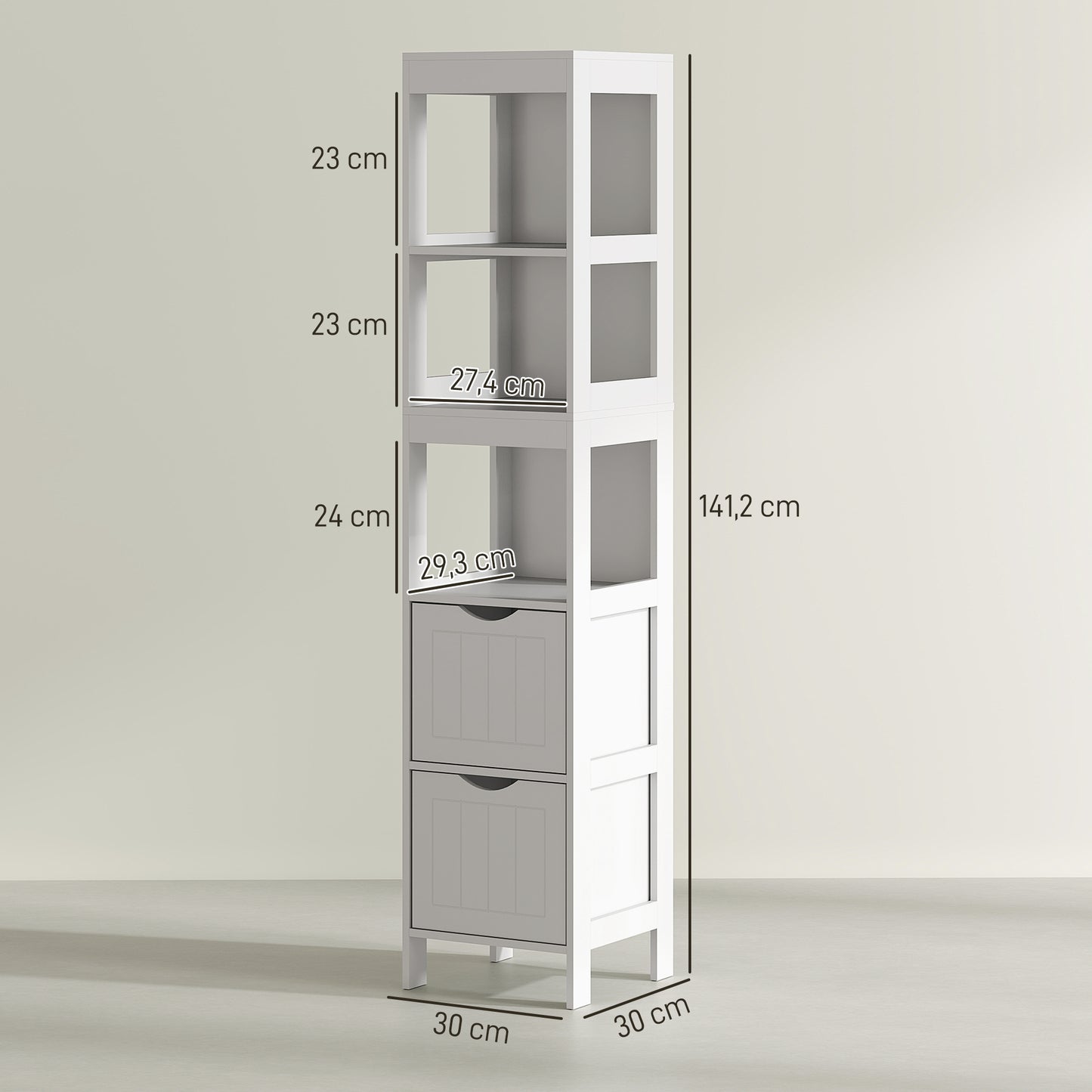 HOMCOM Badezimmerschrank, Kompaktes Badezimmerregal mit 2 Schubladen und 3 offenen Fächern, Freistehendes Badregal, MDF, Weiß