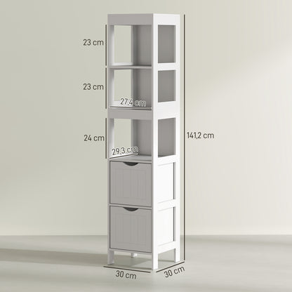 HOMCOM Badezimmerschrank, Kompaktes Badezimmerregal mit 2 Schubladen und 3 offenen Fächern, Freistehendes Badregal, MDF, Weiß