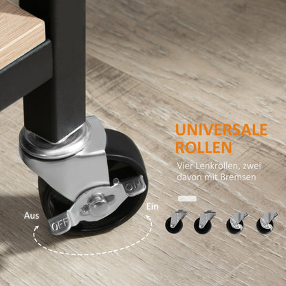 HOMCOM Küchenwagen Servierwagen mit 2 Ablagen, Reling, Stahl, Schwarz+Holz 82 x 40 x 75cm