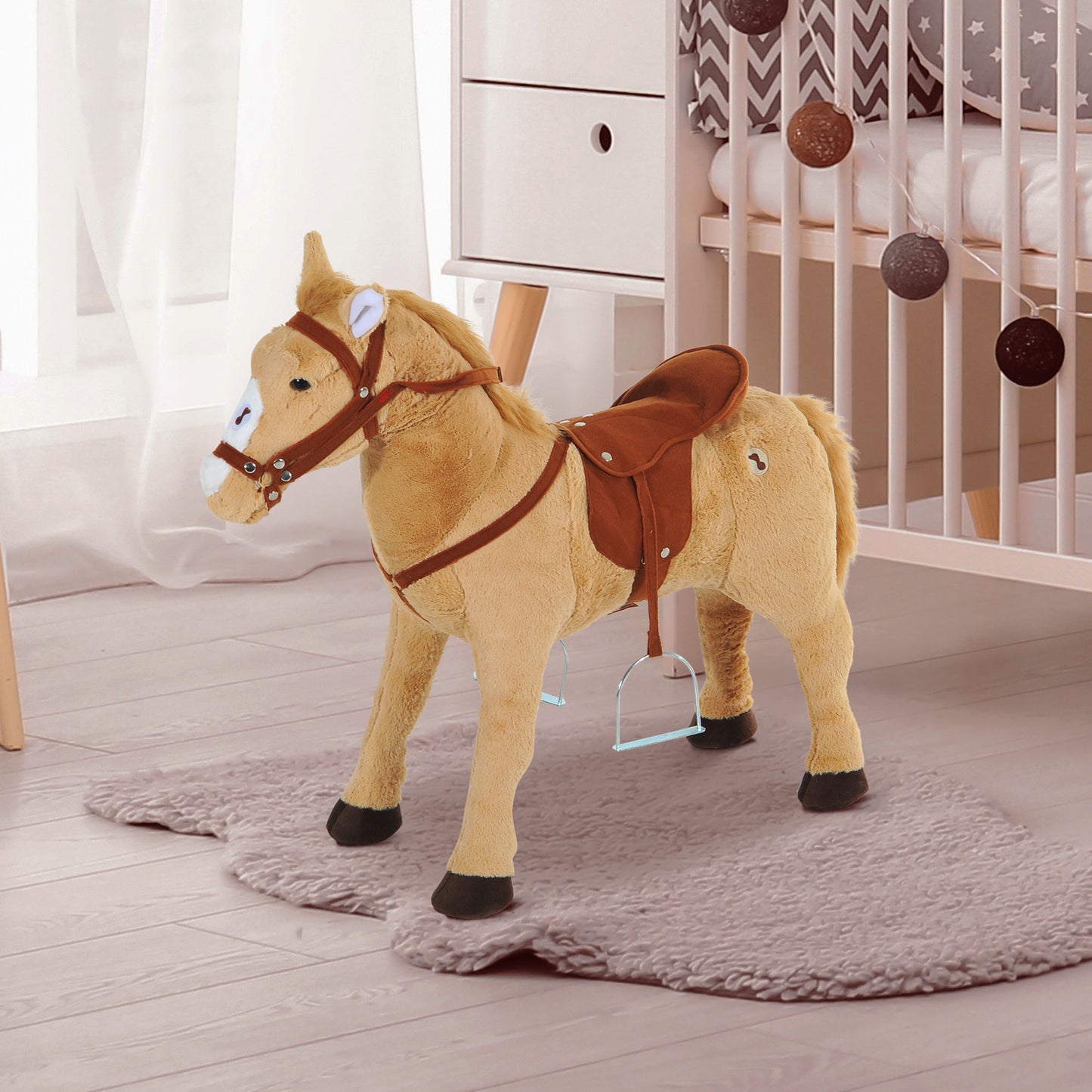HOMCOM Reitpferd auf Rollen 60 cm Stehpferd mit Sattel, Zaumzeug Steigbügel Sound Spielpferd zum Reiten Draufsitzen Schaukeltier für Kinder ab 2 Jahre, Schaukelpferd Plüschpferd Indoor Outdoor Beige