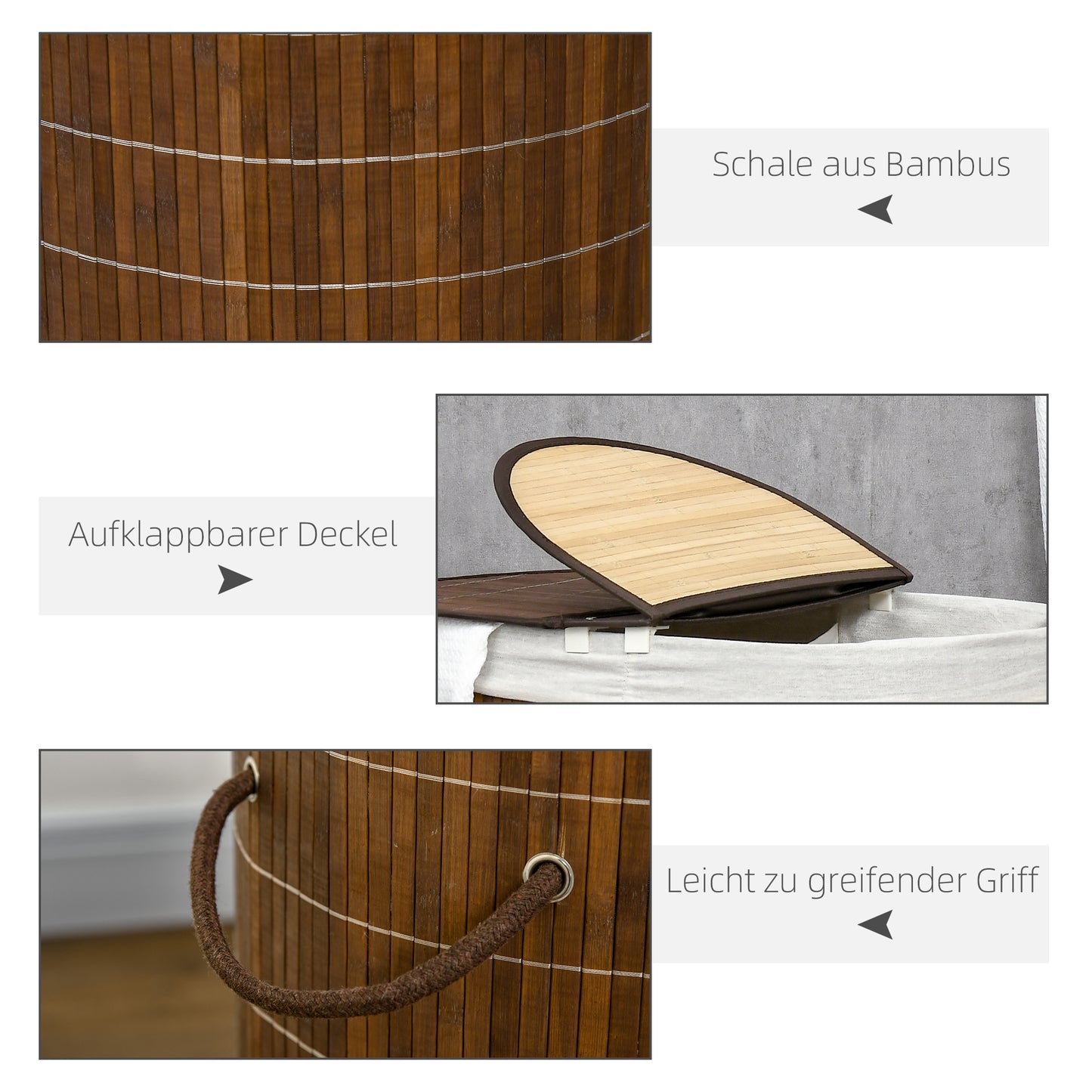 HOMCOM Wäschekorb Wäschesammler, 100L Fassungsvermögen, abnehmbarer Deckel, 38 cm x 38 cm x 57 cm, Braun