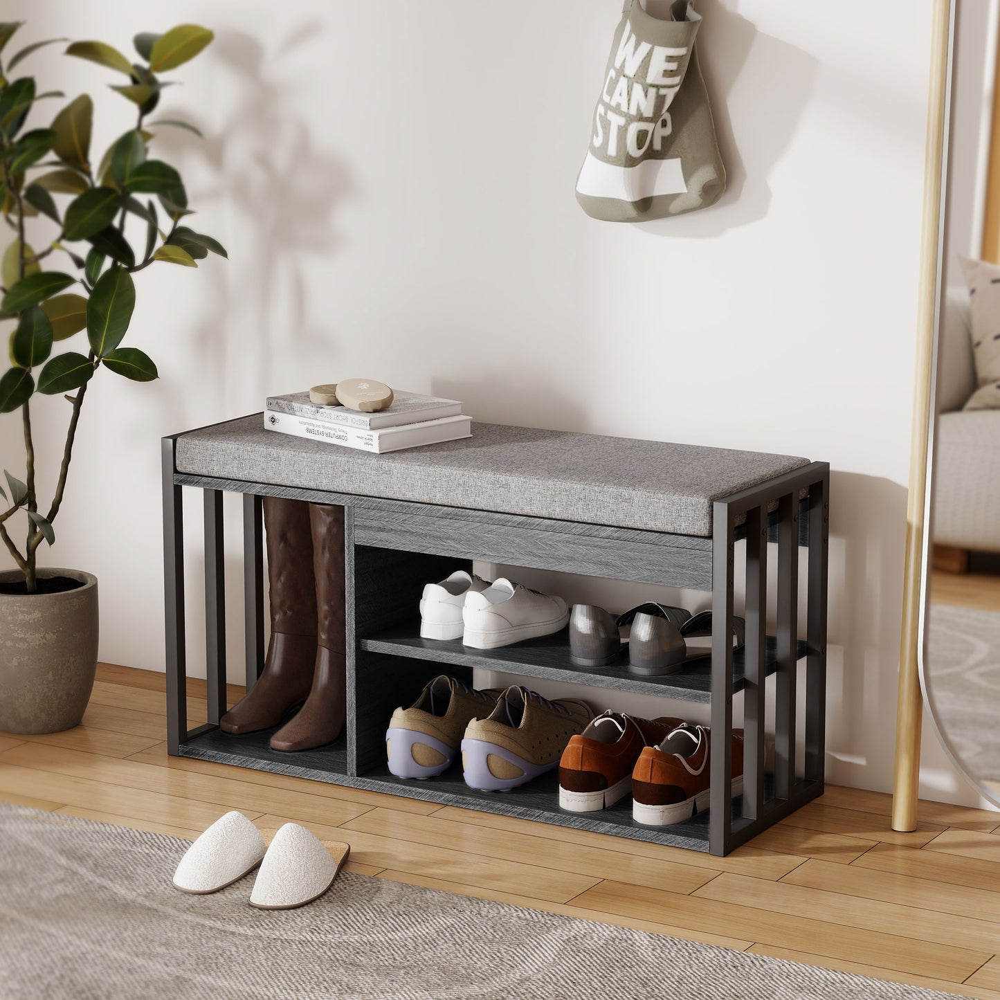HOMCOM Schuhregal mit Sitzbank, Flurregal für Schuhe, Schuhschrank mit 3-stufigem Design, für Flur, Eingangsbereich, Wohnzimmer, Schlafzimmer, Grau