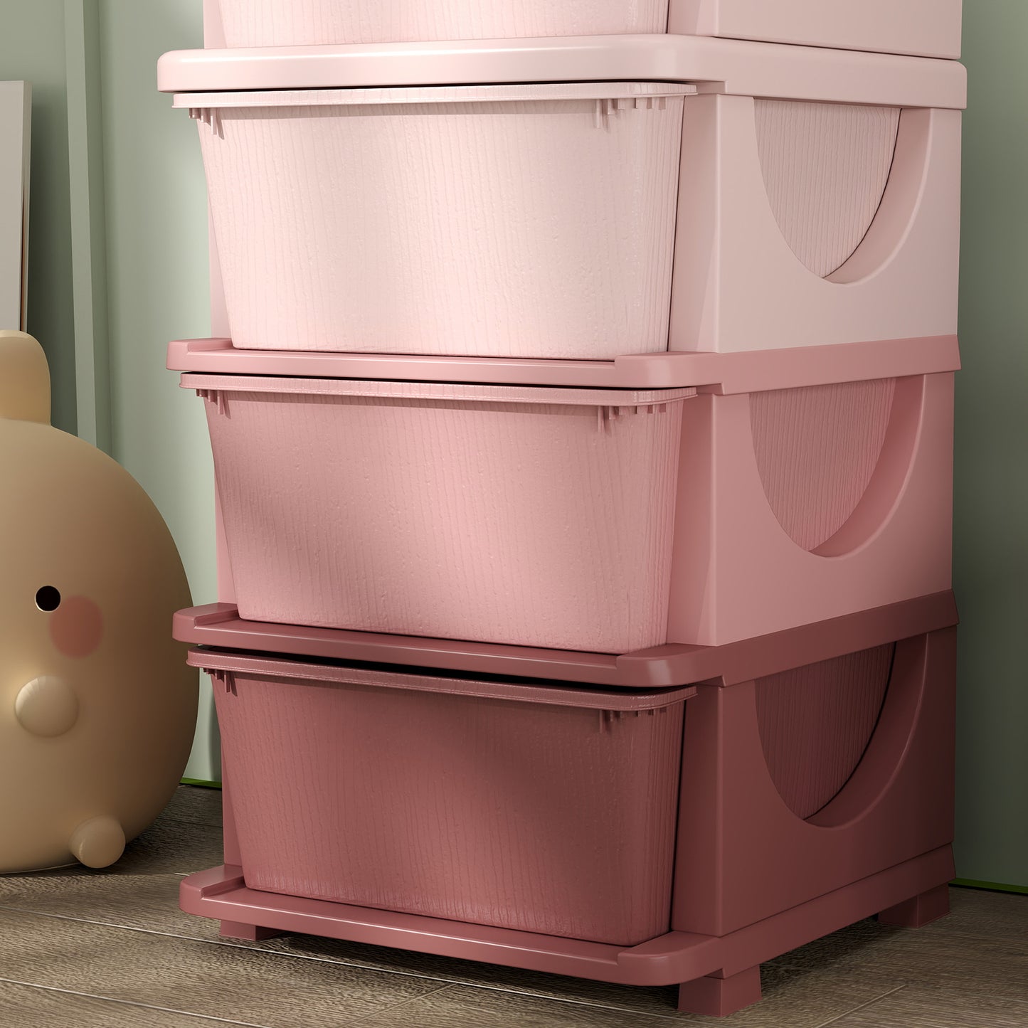 HOMCOM Aufbewahrungsboxen für Kinder, 4 Schubladen, abgerundete Kanten, erhöhtes Design, 37x37x76 cm, Rosa