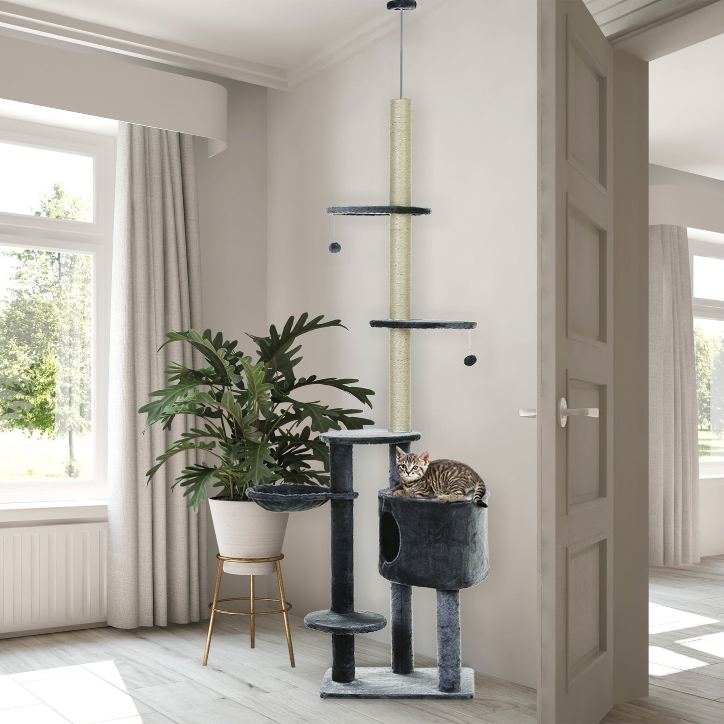 PawHut Kratzbaum deckenhoch Höhe 220-265 cm Katzenbaum mit Spielbälle, Katzenhöhle, Hängematte, Sisalstämme, Plattformen mehrstöckiger Katzenkratzbaum Kletterbaum für mittelgroße Katzen, Dunkelgrau