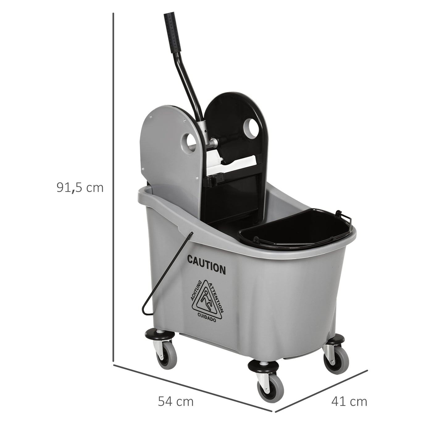 HOMCOM Wischwagen mit Mopp-Presse, 36L, Wassertrennwand, 4 Rollen, Schwarz/Grau