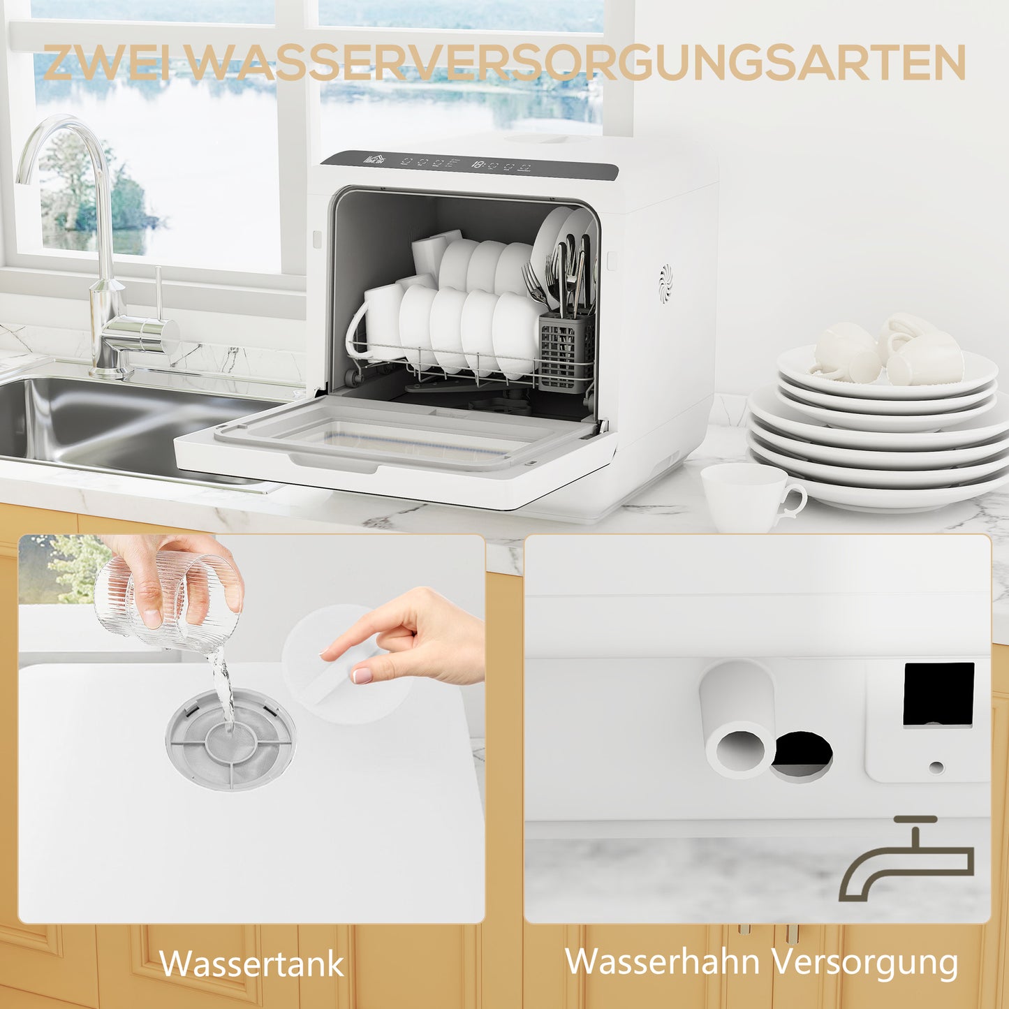 HOMCOM Tischgeschirrspüler, Mini-Geschirrspüler mit 6-Liter-Tank, 5 Programme, LED-Anzeige, Trocknungsfunktion, Weiß