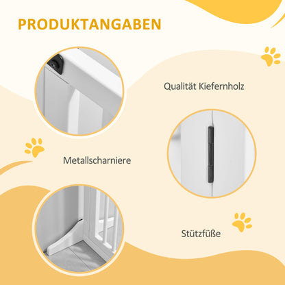 PawHut Absperrgitter Hunde Türschutzgitter Schutzgitter aus Holz Freistehendes Hundegitter mit Tür Hundeabsperrgitter Konfigurationsgitter für Kamin & Ofen Weiß 113-166 x 36 x 71 cm