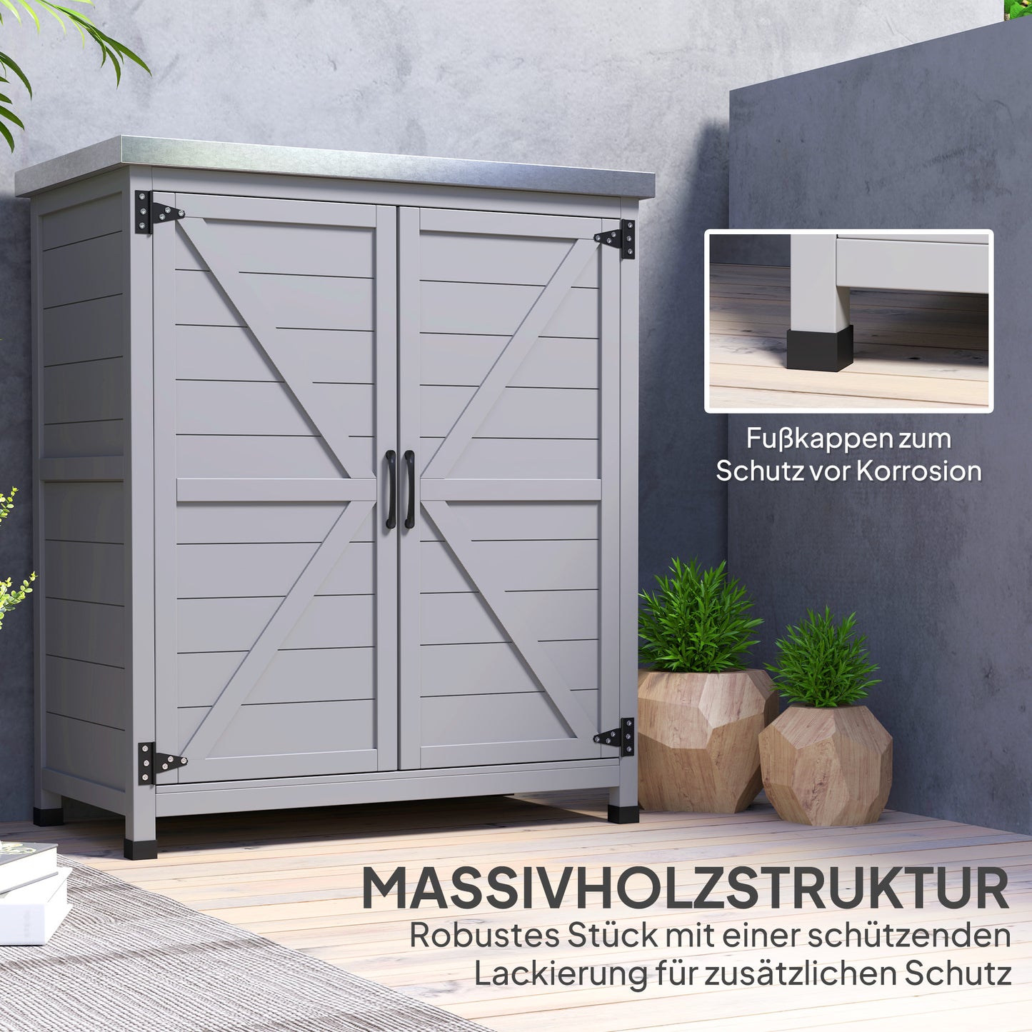 Outsunny Gartenschrank, Außenschrank mit Arbeitsfläche, Werkzeugschrank, Massivholz, Stahl, 79B x 43T x 92H cm, Grau