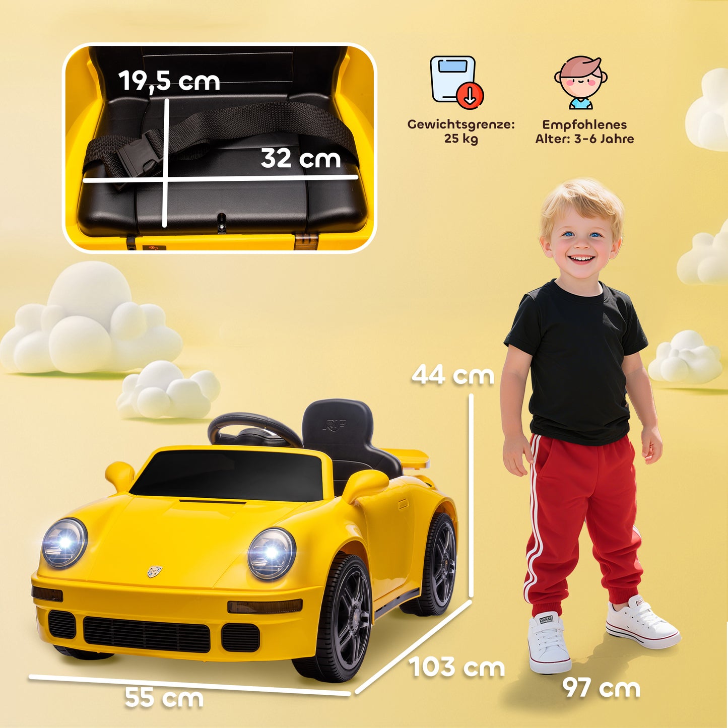 AIYAPLAY Kinder-Elektroauto, 12V Kinderauto mit Fernbedienung, sanfter Start, MP3-Player, LED-Lichter, Hupe, Energieanzeige, Gelb