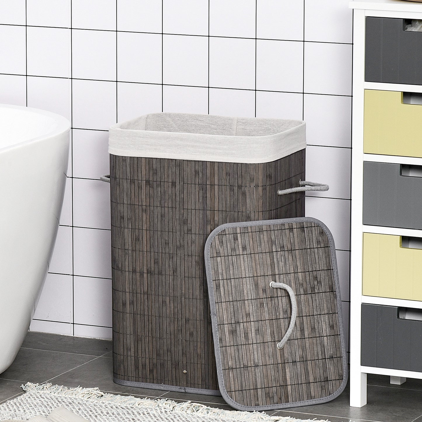 HOMCOM Wäschekorb mit Griffen und waschbarem Wäschesack, Rattan, Polyester, Baumwolle, Metall, 43L x 32B x 61H cm, Grau